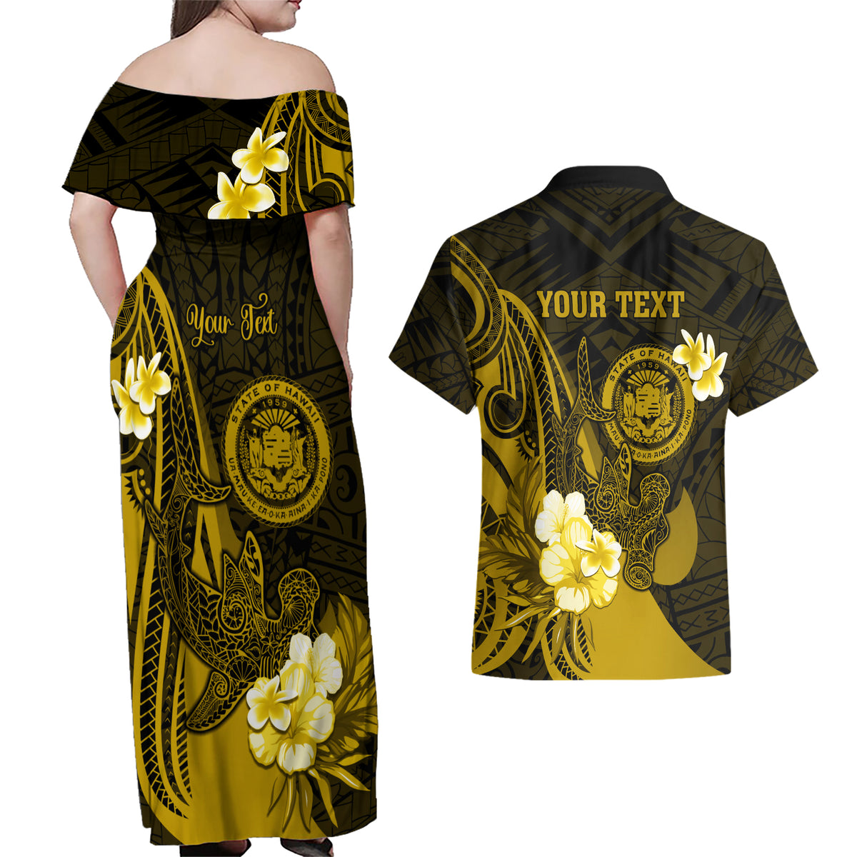Personalised Hawaii State Motto Couples Matching Off Shoulder Maxi Dress and Hawaiian Shirt Hawaiian Tribal Gold Hammerhead Shark LT05 - Polynesian Pride