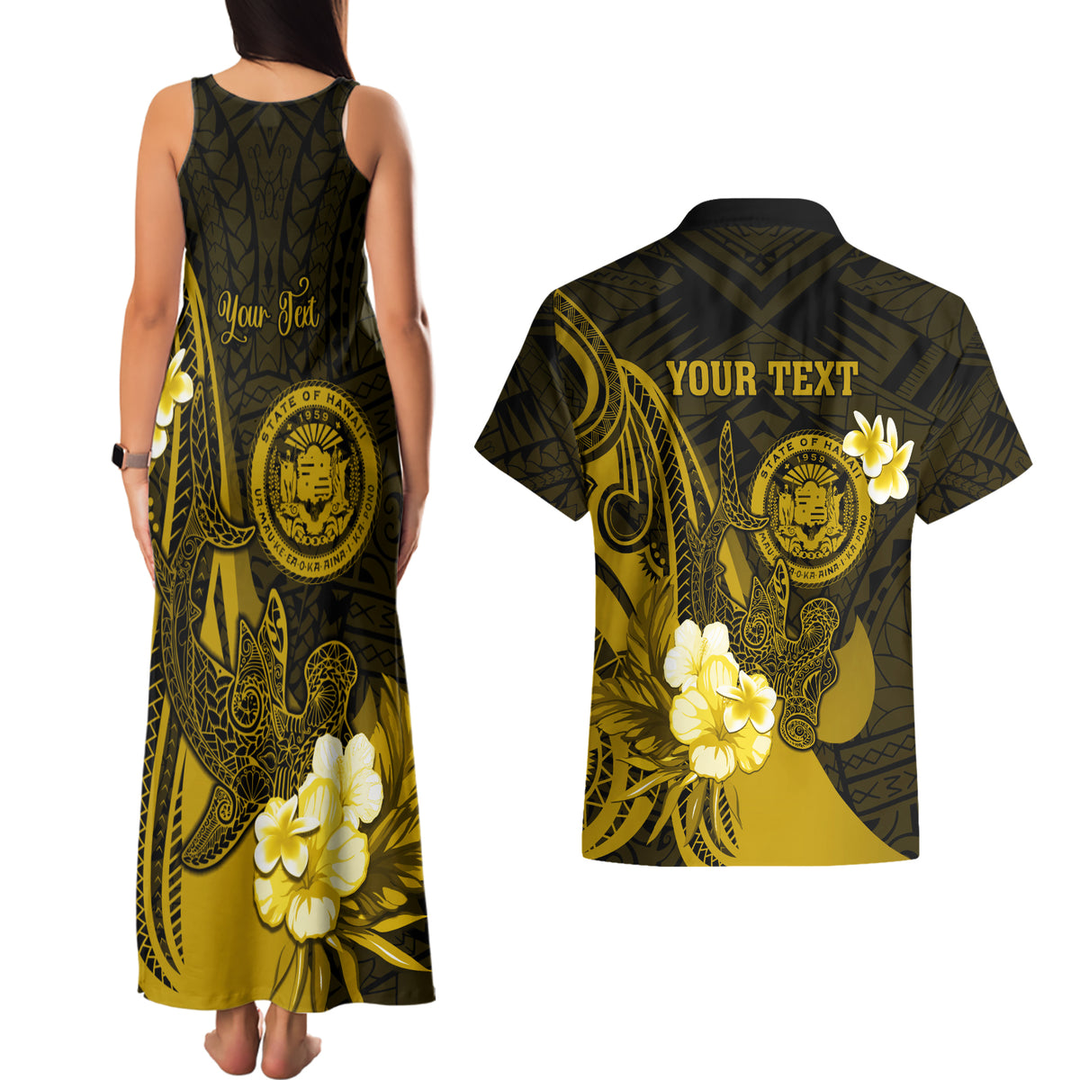Personalised Hawaii State Motto Couples Matching Tank Maxi Dress and Hawaiian Shirt Hawaiian Tribal Gold Hammerhead Shark LT05 - Polynesian Pride