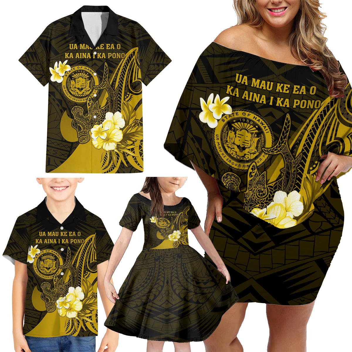 Personalised Hawaii State Motto Family Matching Off Shoulder Short Dress and Hawaiian Shirt Hawaiian Tribal Gold Hammerhead Shark LT05 - Polynesian Pride