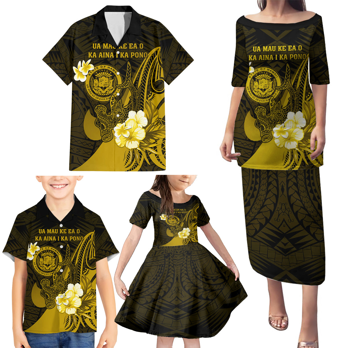 Personalised Hawaii State Motto Family Matching Puletasi and Hawaiian Shirt Hawaiian Tribal Gold Hammerhead Shark LT05 - Polynesian Pride