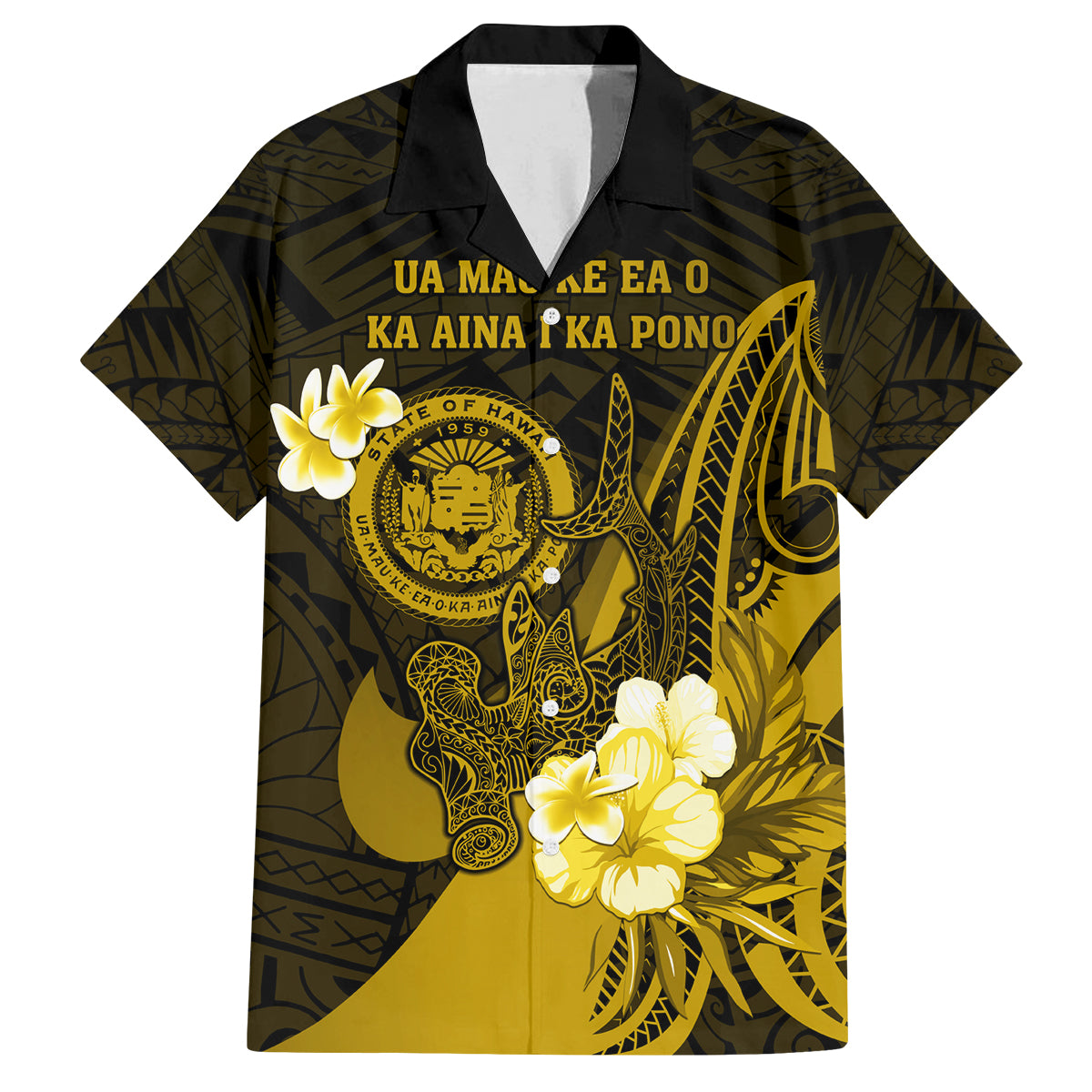 Personalised Hawaii State Motto Family Matching Tank Maxi Dress and Hawaiian Shirt Hawaiian Tribal Gold Hammerhead Shark LT05 Dad's Shirt - Short Sleeve Gold - Polynesian Pride
