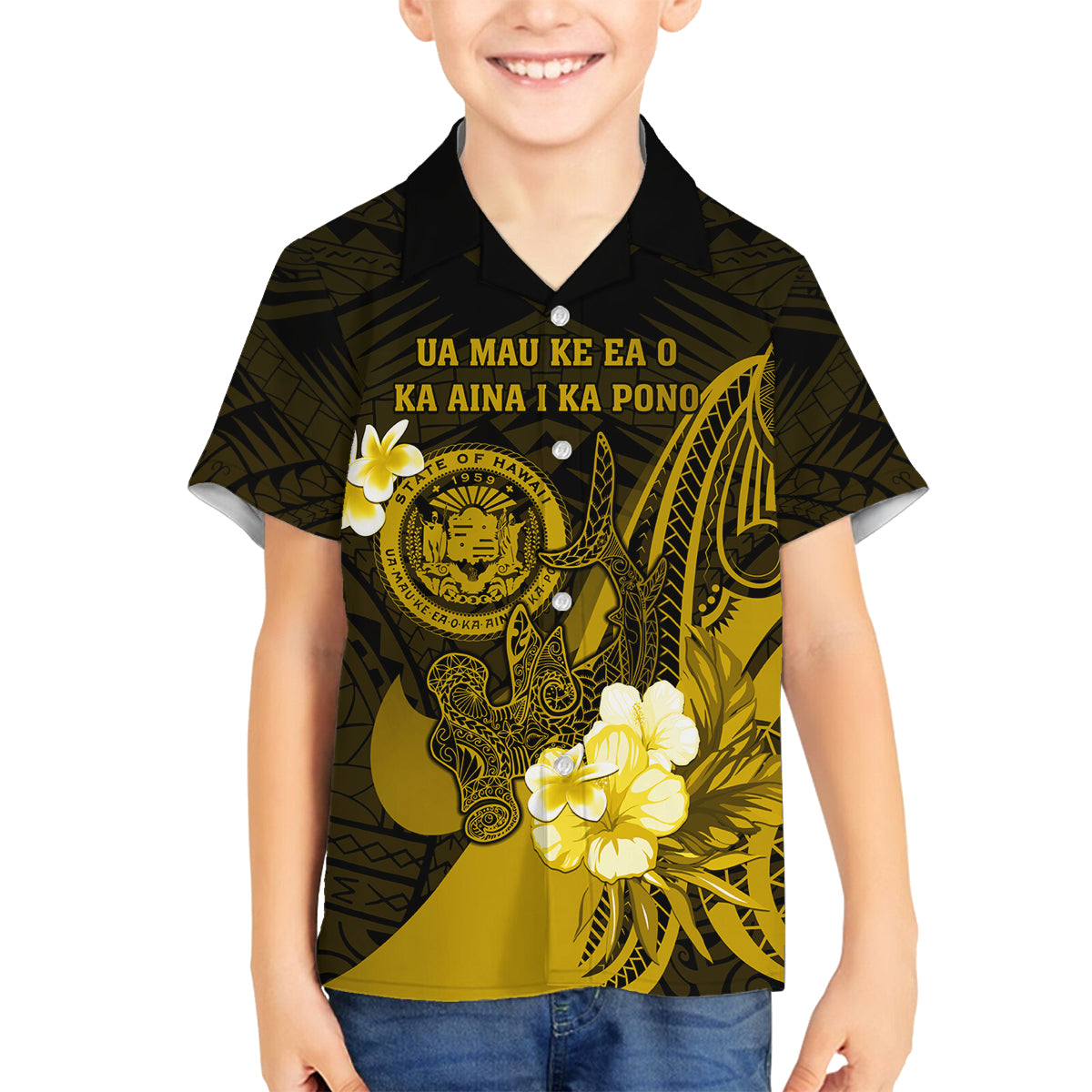 Personalised Hawaii State Motto Family Matching Tank Maxi Dress and Hawaiian Shirt Hawaiian Tribal Gold Hammerhead Shark LT05 Son's Shirt Gold - Polynesian Pride