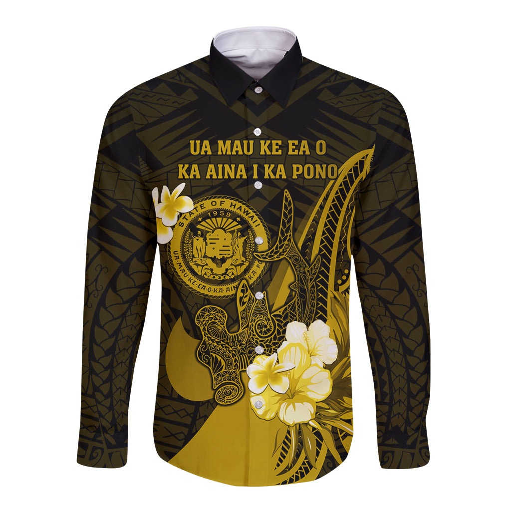 Personalised Hawaii State Motto Long Sleeve Button Shirt Hawaiian Tribal Gold Hammerhead Shark LT05 Unisex Gold - Polynesian Pride