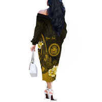 Personalised Hawaii State Motto Off The Shoulder Long Sleeve Dress Hawaiian Tribal Gold Hammerhead Shark LT05 - Polynesian Pride