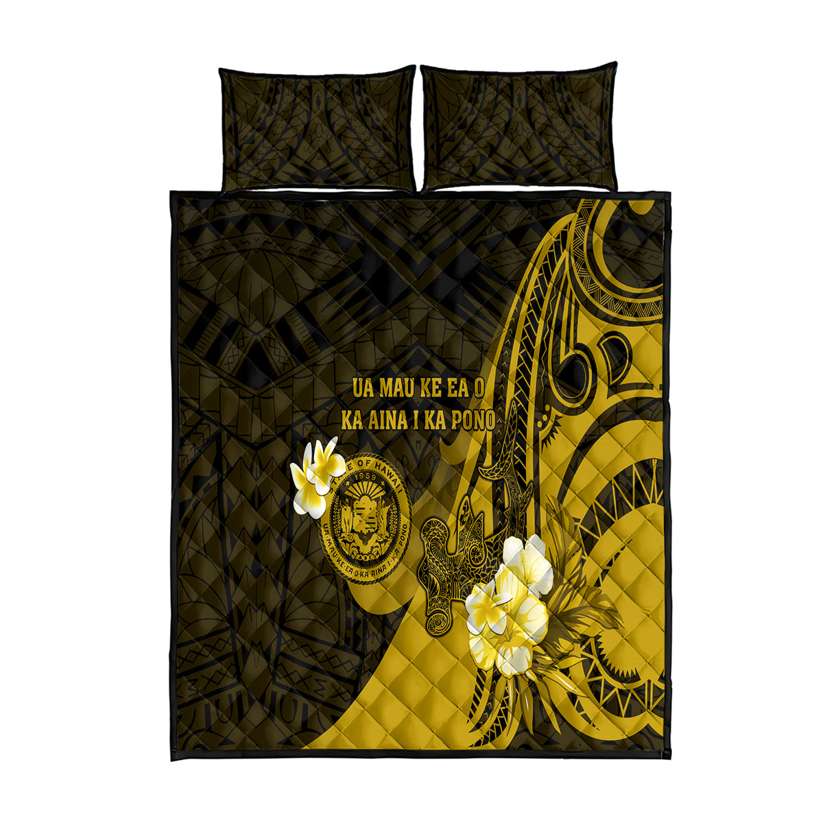 Hawaii State Motto Quilt Bed Set Hawaiian Tribal Gold Hammerhead Shark LT05 Gold - Polynesian Pride