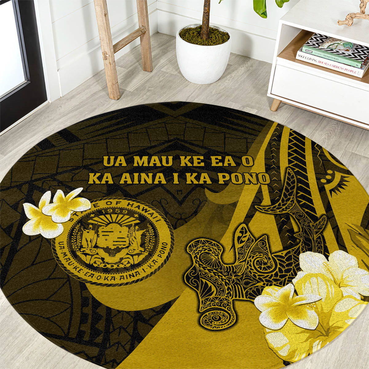 Hawaii State Motto Round Carpet Hawaiian Tribal Gold Hammerhead Shark LT05 Gold - Polynesian Pride