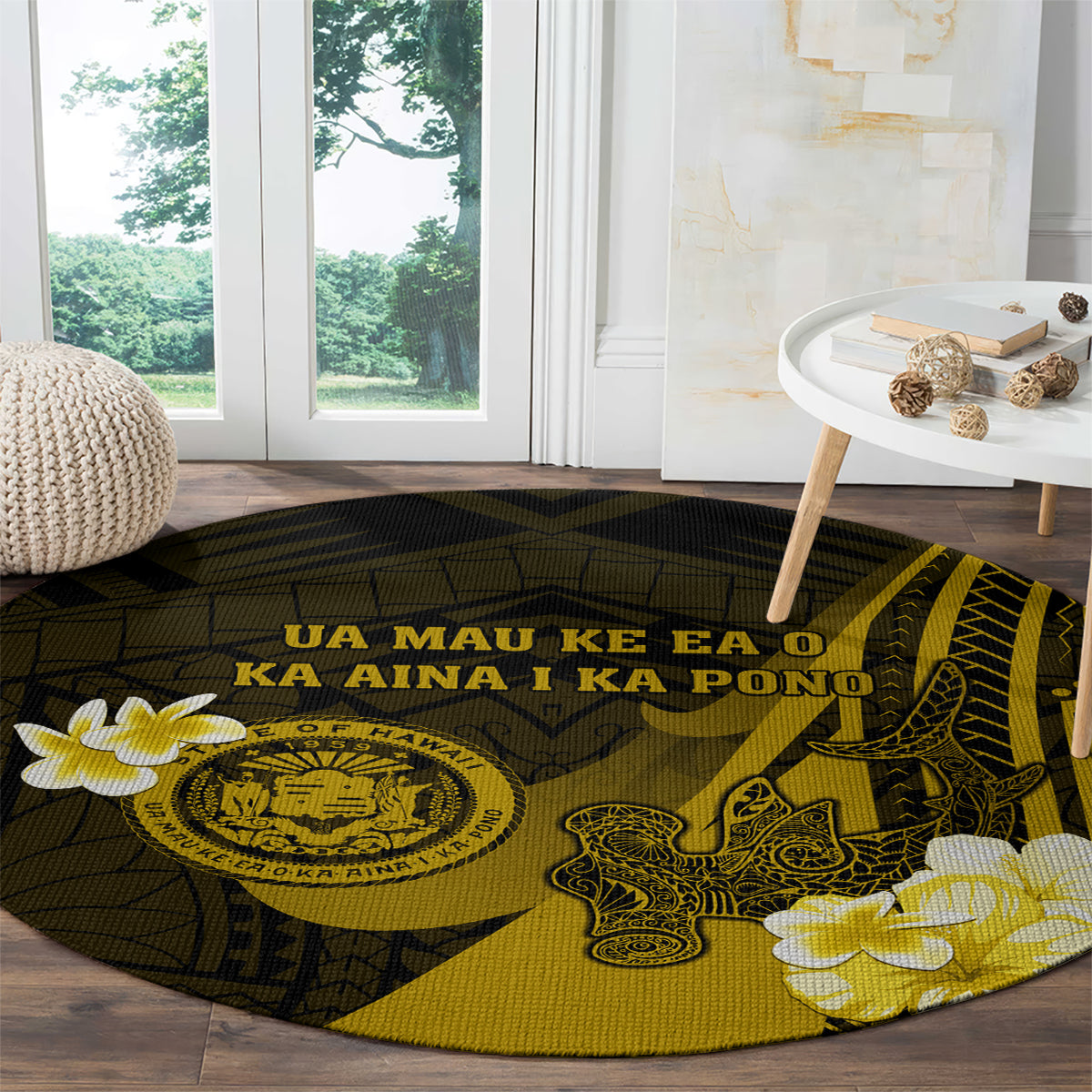 Hawaii State Motto Round Carpet Hawaiian Tribal Gold Hammerhead Shark LT05 - Polynesian Pride