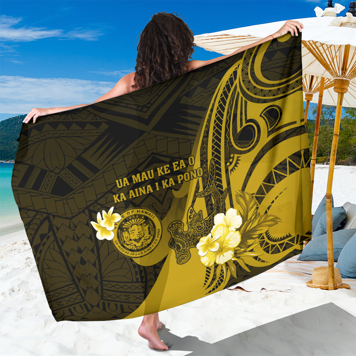 Hawaii State Motto Sarong Hawaiian Tribal Gold Hammerhead Shark LT05 One Size 44 x 66 inches Gold - Polynesian Pride