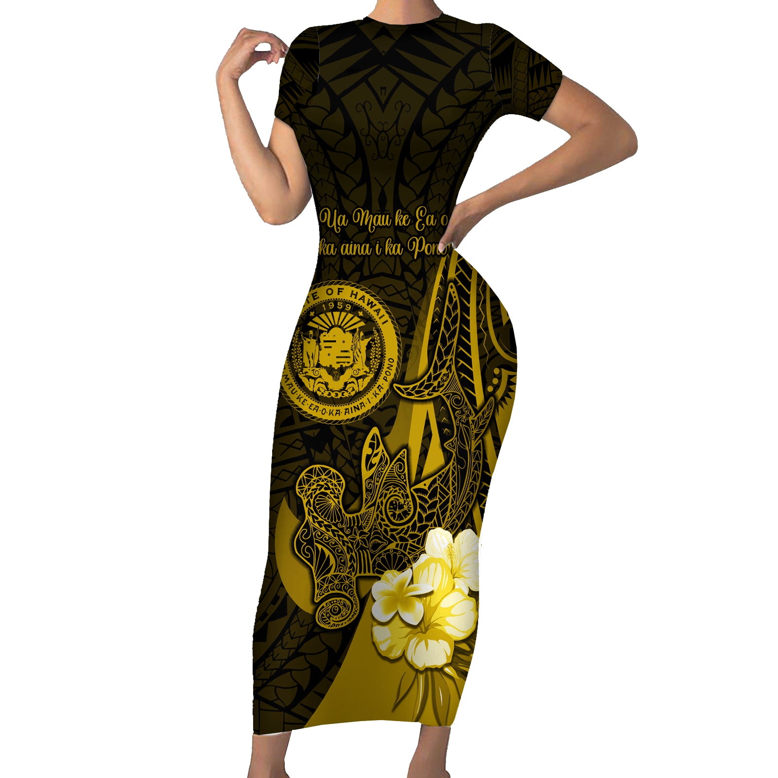 Personalised Hawaii State Motto Short Sleeve Bodycon Dress Hawaiian Tribal Gold Hammerhead Shark LT05 Long Dress Gold - Polynesian Pride