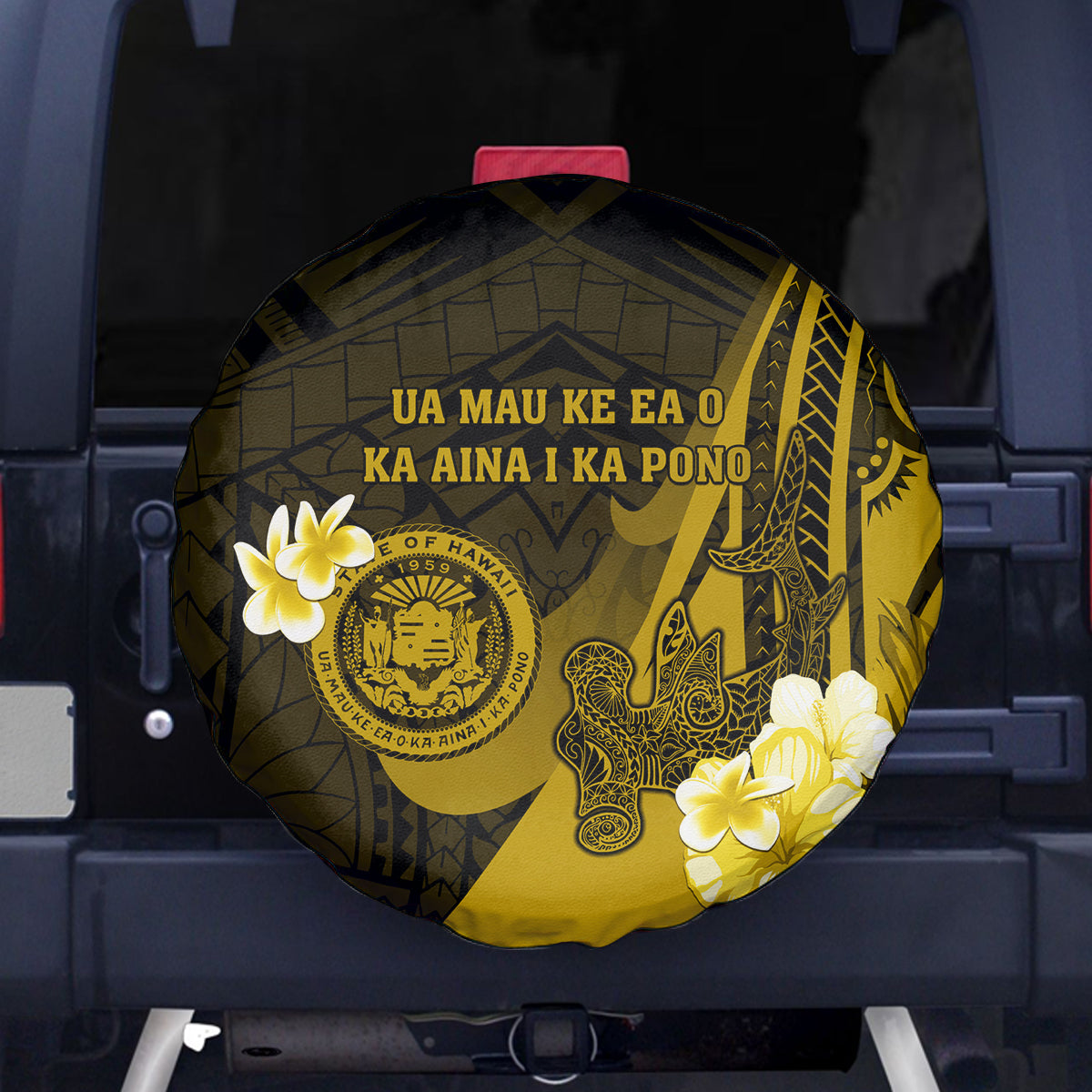 Hawaii State Motto Spare Tire Cover Hawaiian Tribal Gold Hammerhead Shark LT05 Gold - Polynesian Pride