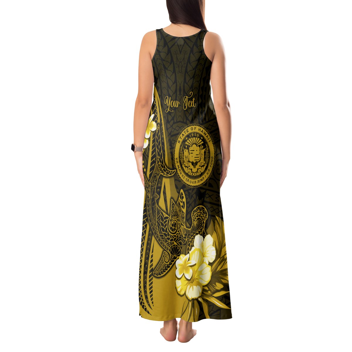 Personalised Hawaii State Motto Tank Maxi Dress Hawaiian Tribal Gold Hammerhead Shark LT05 - Polynesian Pride