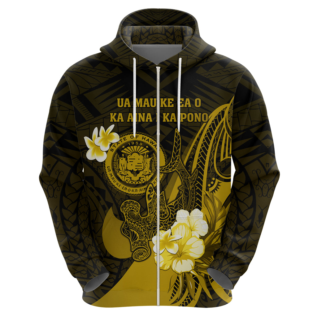 Personalised Hawaii State Motto Zip Hoodie Hawaiian Tribal Gold Hammerhead Shark LT05 - Polynesian Pride