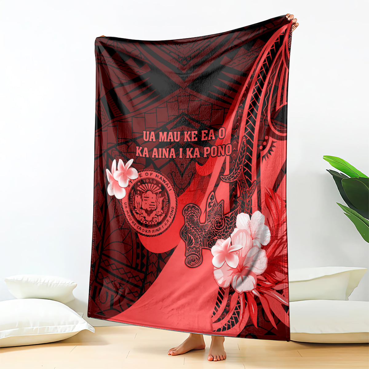 Hawaii State Motto Blanket Hawaiian Tribal Red Hammerhead Shark LT05 Red - Polynesian Pride