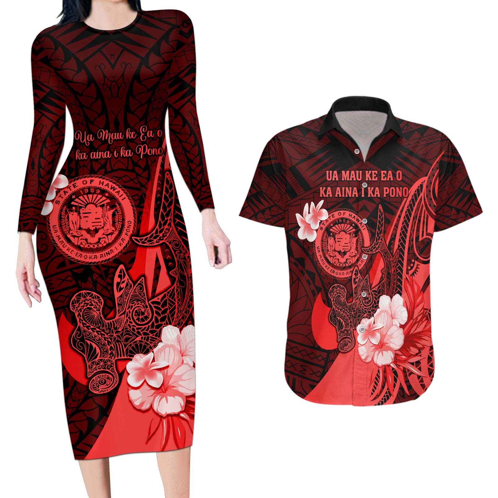 Personalised Hawaii State Motto Couples Matching Long Sleeve Bodycon Dress and Hawaiian Shirt Hawaiian Tribal Red Hammerhead Shark LT05 Red - Polynesian Pride