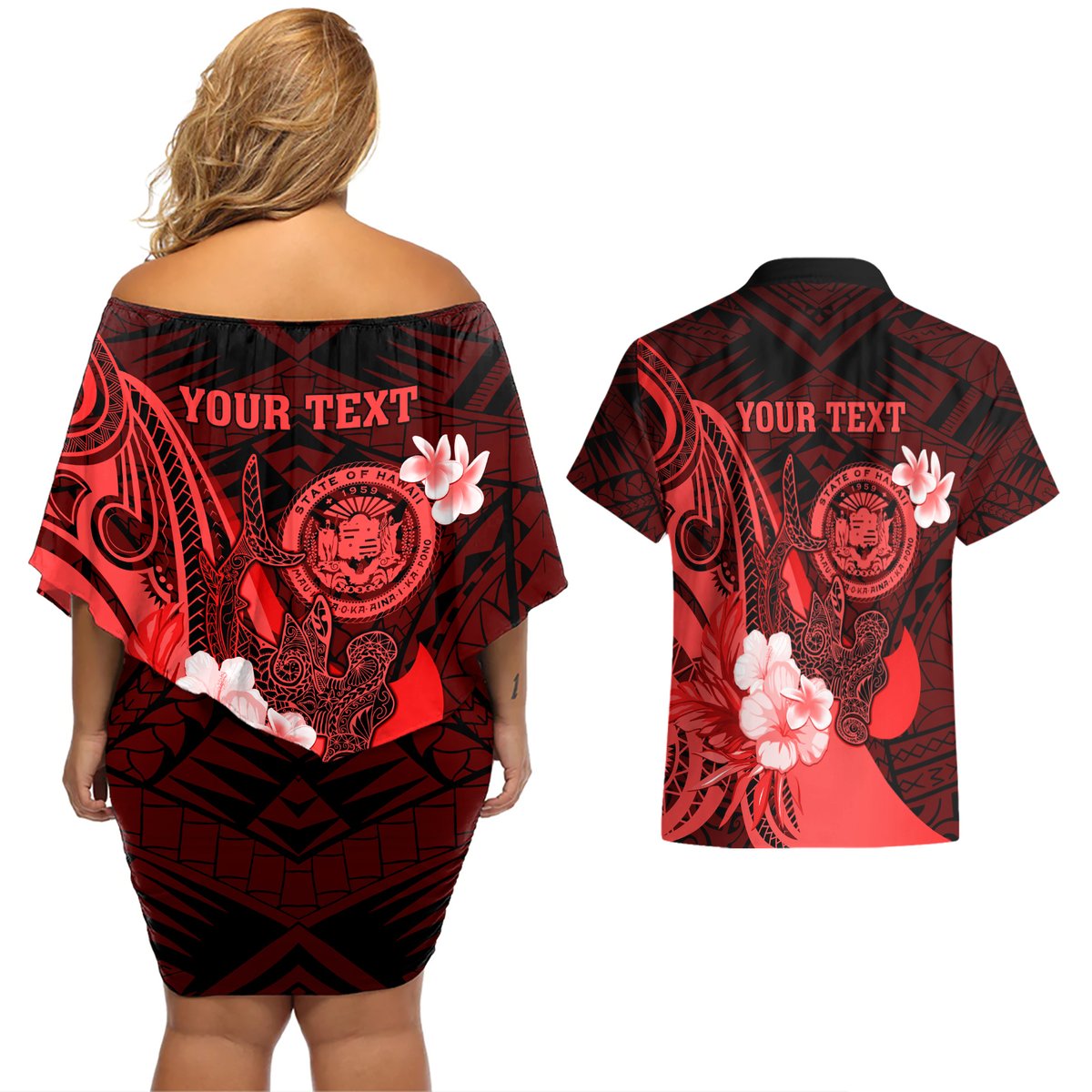 Personalised Hawaii State Motto Couples Matching Off Shoulder Short Dress and Hawaiian Shirt Hawaiian Tribal Red Hammerhead Shark LT05 - Polynesian Pride