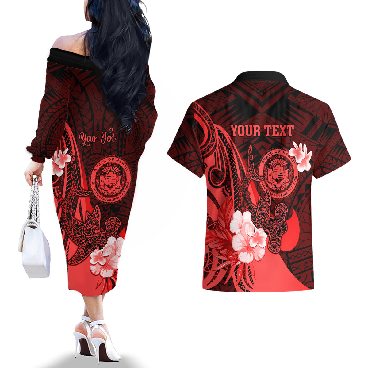 Personalised Hawaii State Motto Couples Matching Off The Shoulder Long Sleeve Dress and Hawaiian Shirt Hawaiian Tribal Red Hammerhead Shark LT05 - Polynesian Pride