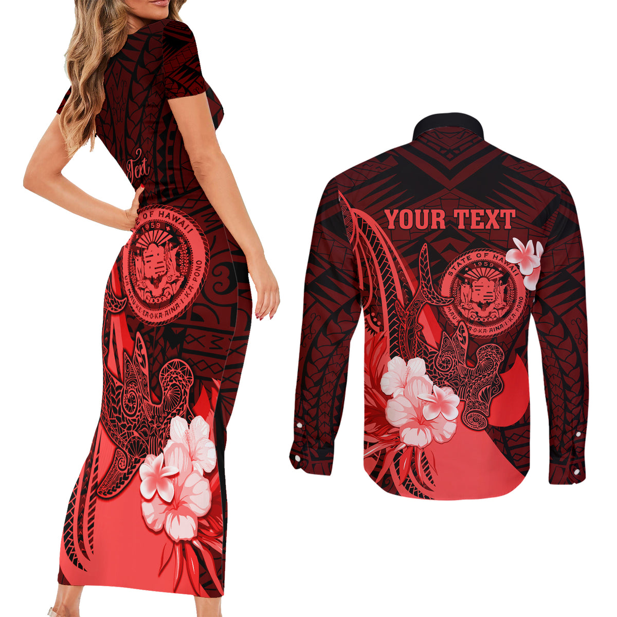 Personalised Hawaii State Motto Couples Matching Short Sleeve Bodycon Dress and Long Sleeve Button Shirt Hawaiian Tribal Red Hammerhead Shark LT05 - Polynesian Pride