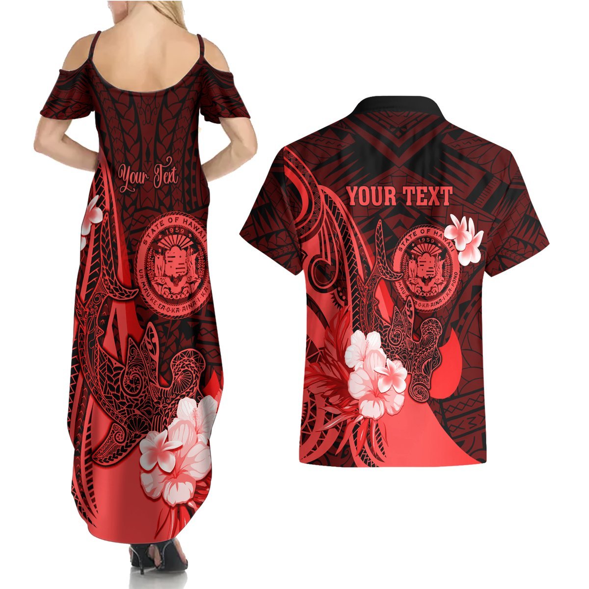 Personalised Hawaii State Motto Couples Matching Summer Maxi Dress and Hawaiian Shirt Hawaiian Tribal Red Hammerhead Shark LT05 - Polynesian Pride