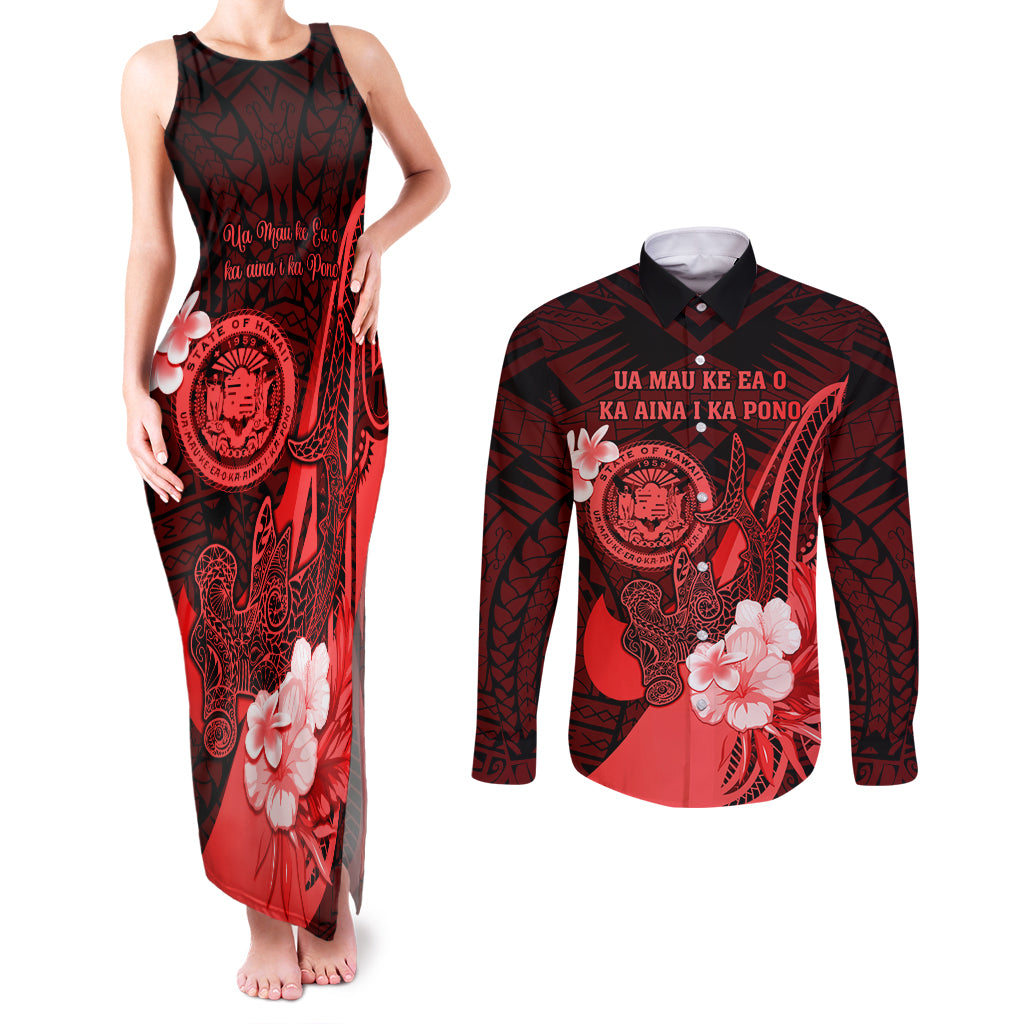 Personalised Hawaii State Motto Couples Matching Tank Maxi Dress and Long Sleeve Button Shirt Hawaiian Tribal Red Hammerhead Shark LT05 Red - Polynesian Pride