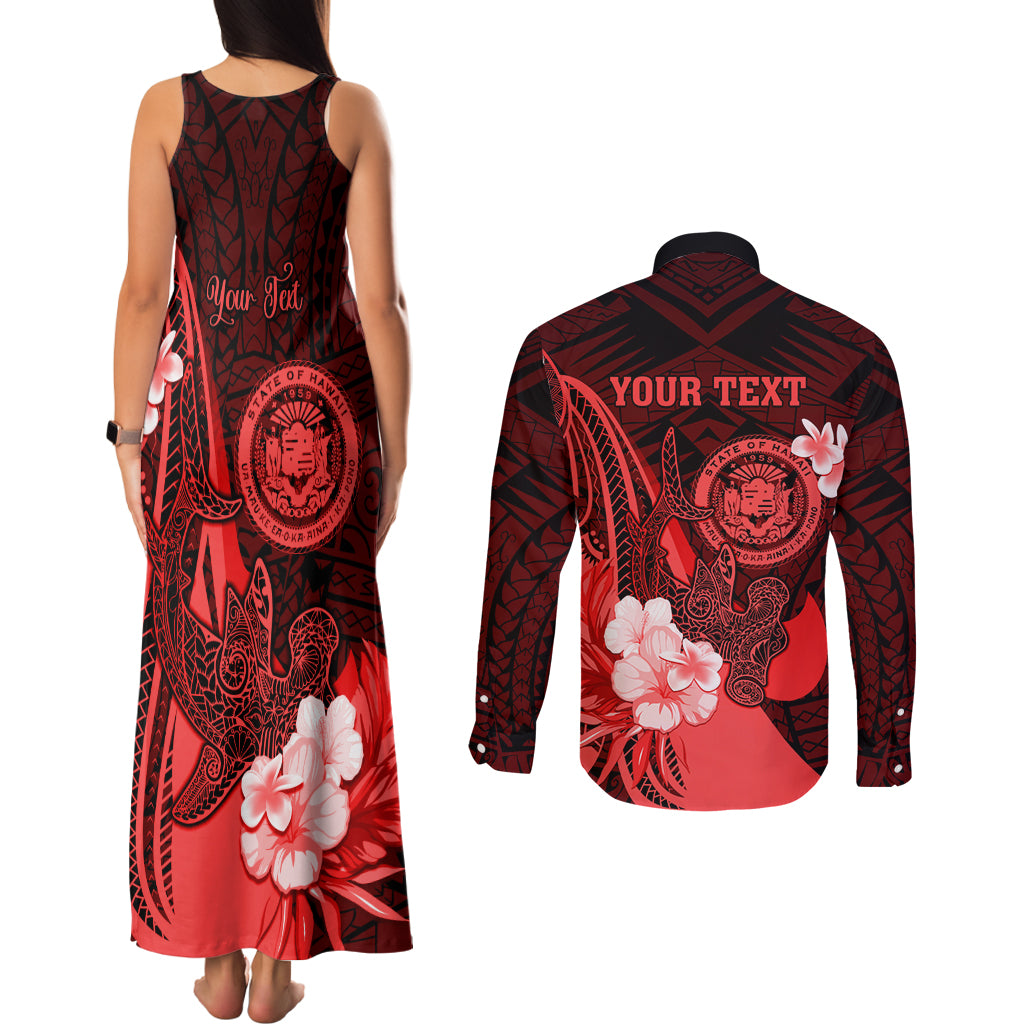 Personalised Hawaii State Motto Couples Matching Tank Maxi Dress and Long Sleeve Button Shirt Hawaiian Tribal Red Hammerhead Shark LT05 - Polynesian Pride