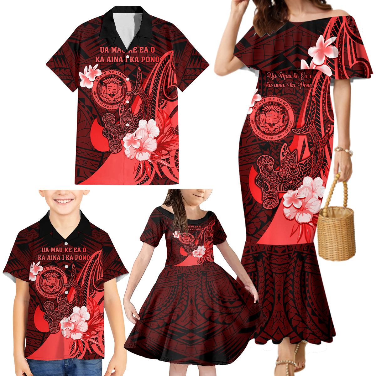 Personalised Hawaii State Motto Family Matching Mermaid Dress and Hawaiian Shirt Hawaiian Tribal Red Hammerhead Shark LT05 - Polynesian Pride