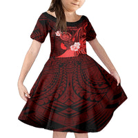 Personalised Hawaii State Motto Family Matching Off Shoulder Long Sleeve Dress and Hawaiian Shirt Hawaiian Tribal Red Hammerhead Shark LT05 Daughter's Dress Red - Polynesian Pride