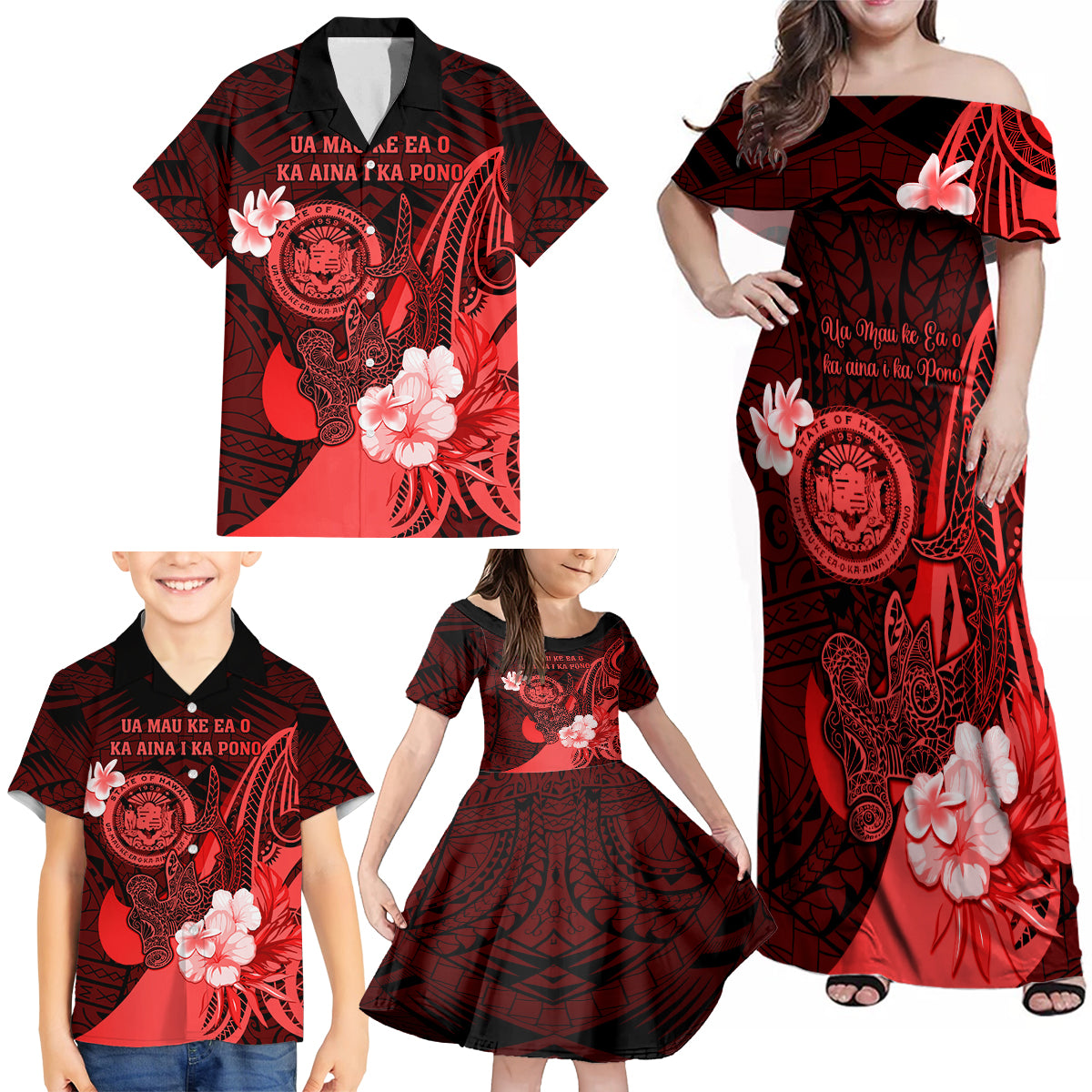 Personalised Hawaii State Motto Family Matching Off Shoulder Maxi Dress and Hawaiian Shirt Hawaiian Tribal Red Hammerhead Shark LT05 - Polynesian Pride