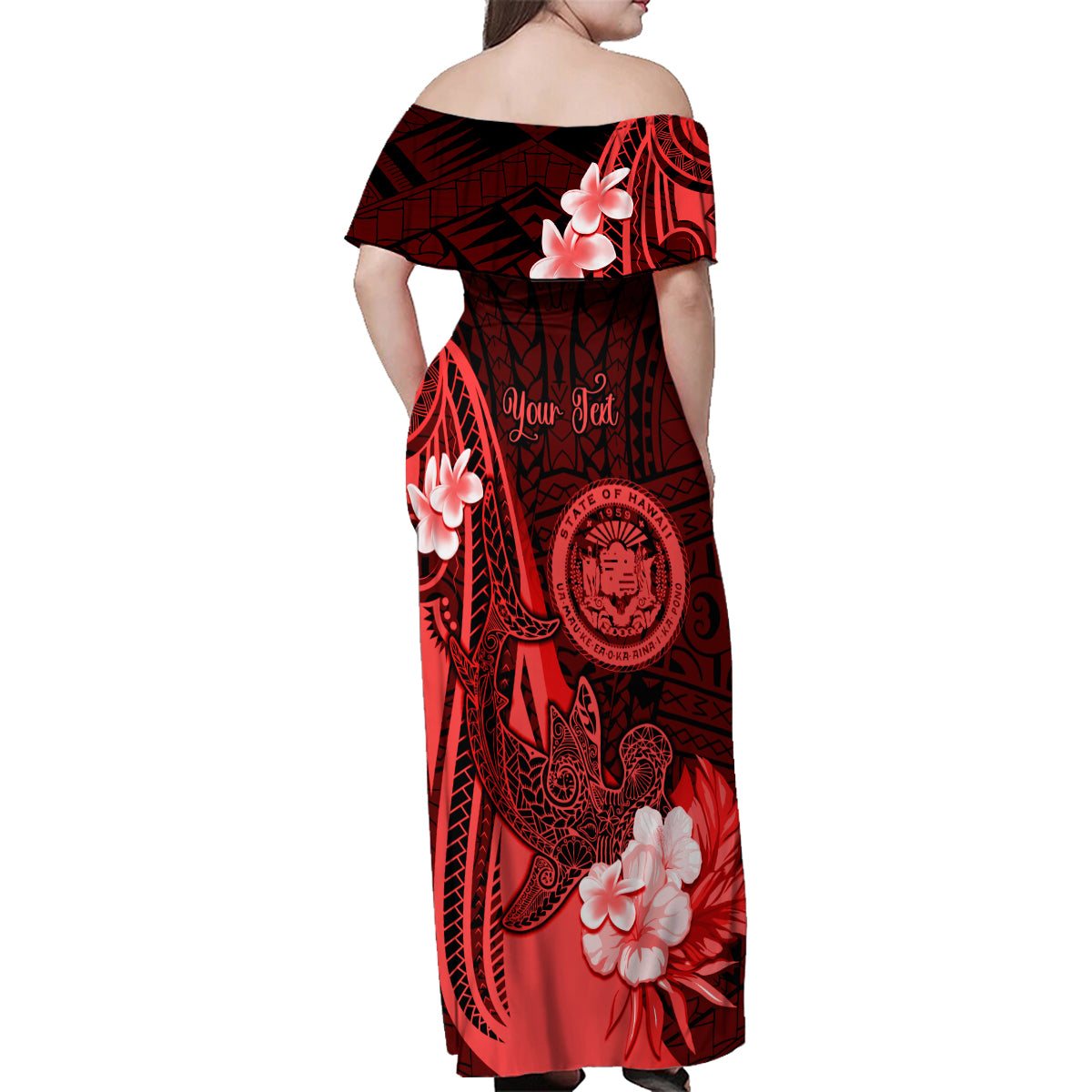 Personalised Hawaii State Motto Family Matching Off Shoulder Maxi Dress and Hawaiian Shirt Hawaiian Tribal Red Hammerhead Shark LT05 - Polynesian Pride