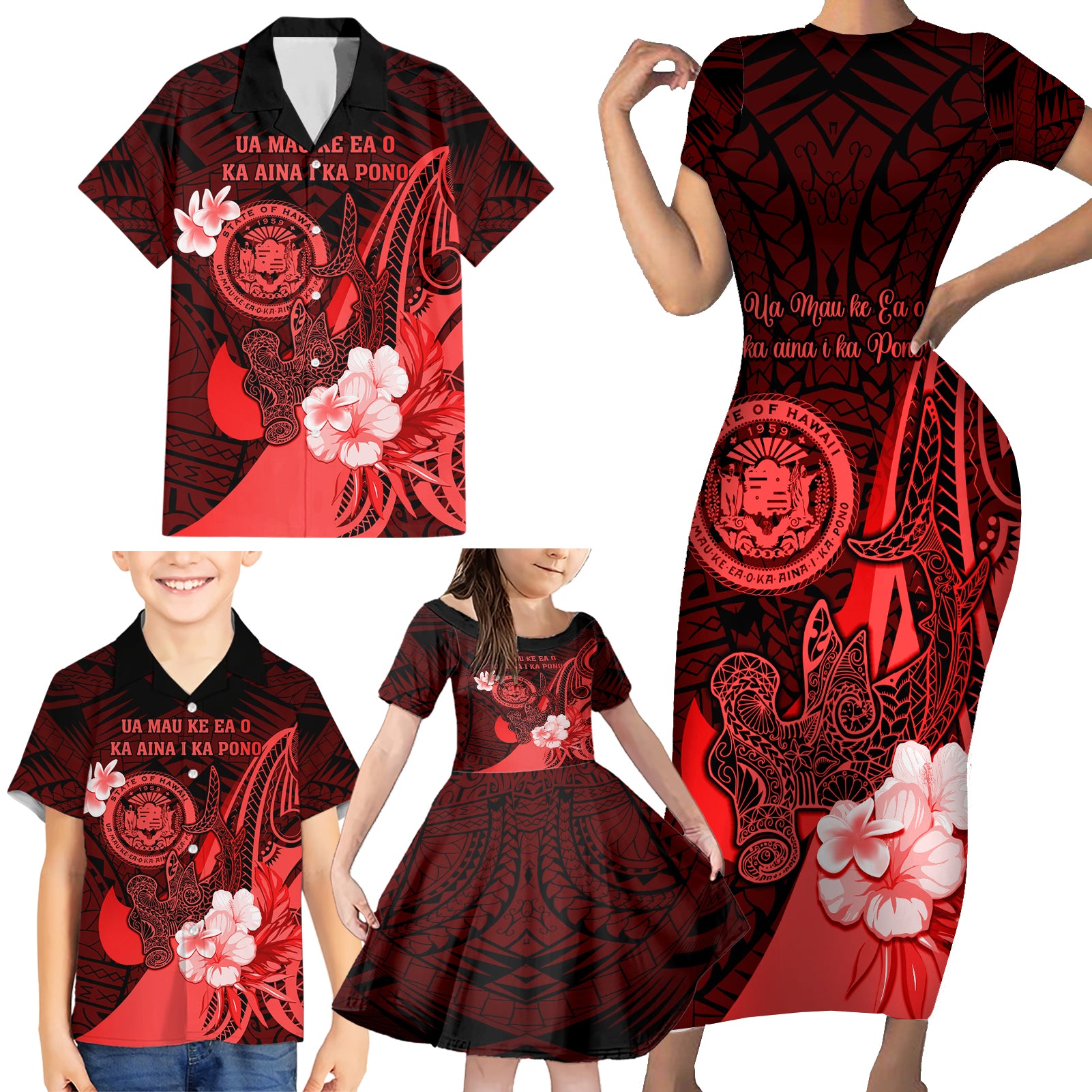 Personalised Hawaii State Motto Family Matching Short Sleeve Bodycon Dress and Hawaiian Shirt Hawaiian Tribal Red Hammerhead Shark LT05 - Polynesian Pride