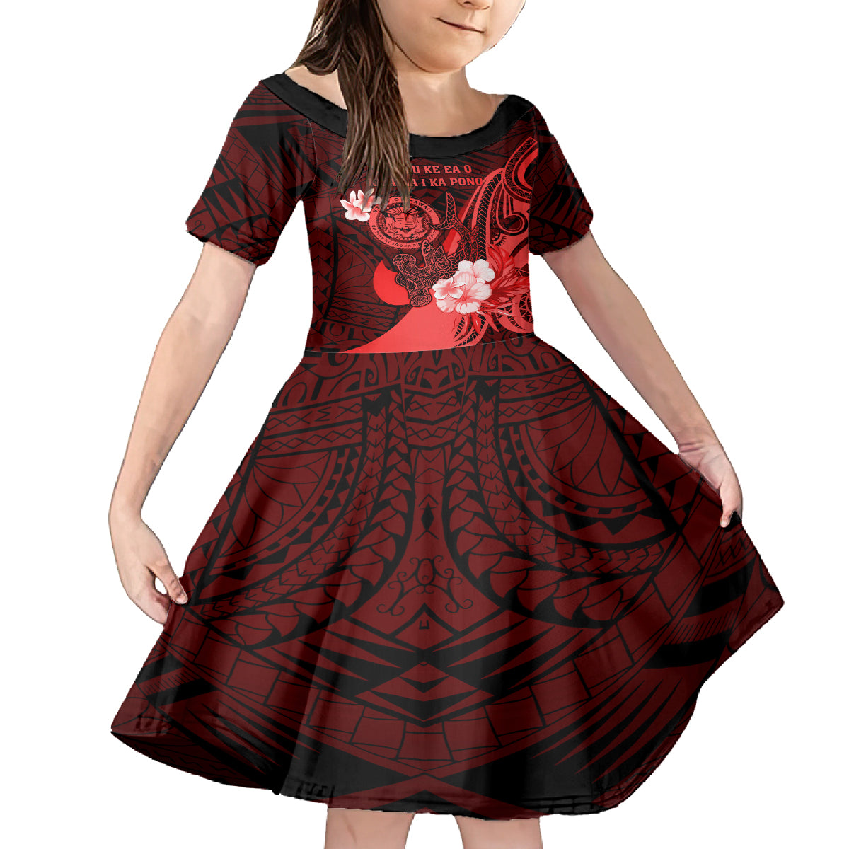 Personalised Hawaii State Motto Family Matching Summer Maxi Dress and Hawaiian Shirt Hawaiian Tribal Red Hammerhead Shark LT05 Daughter's Dress Red - Polynesian Pride