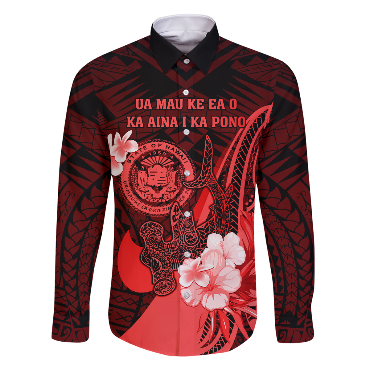 Personalised Hawaii State Motto Family Matching Summer Maxi Dress and Hawaiian Shirt Hawaiian Tribal Red Hammerhead Shark LT05 Dad's Shirt - Long Sleeve Red - Polynesian Pride