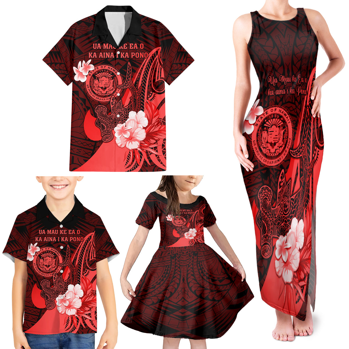 Personalised Hawaii State Motto Family Matching Tank Maxi Dress and Hawaiian Shirt Hawaiian Tribal Red Hammerhead Shark LT05 - Polynesian Pride