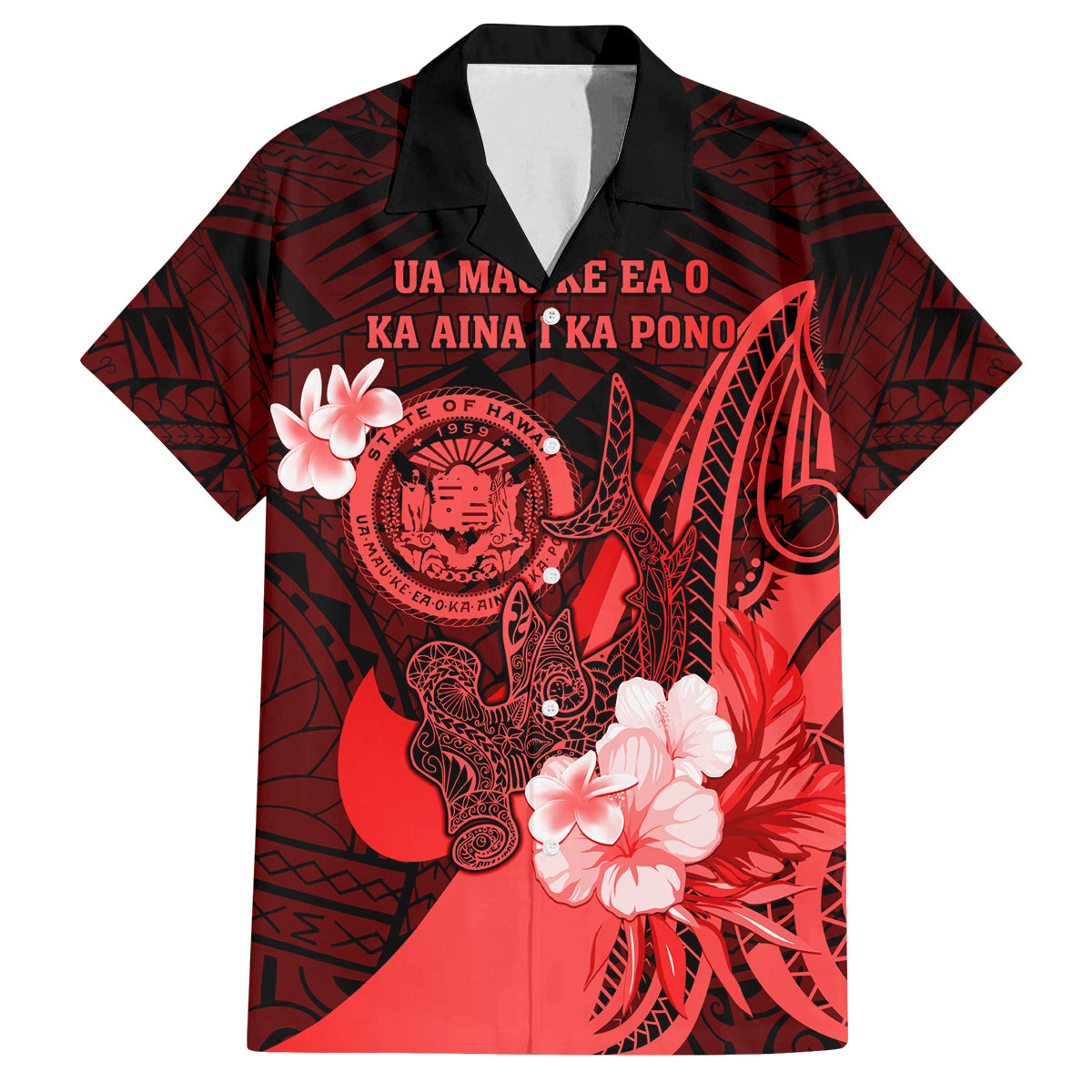Personalised Hawaii State Motto Family Matching Tank Maxi Dress and Hawaiian Shirt Hawaiian Tribal Red Hammerhead Shark LT05 Dad's Shirt - Short Sleeve Red - Polynesian Pride