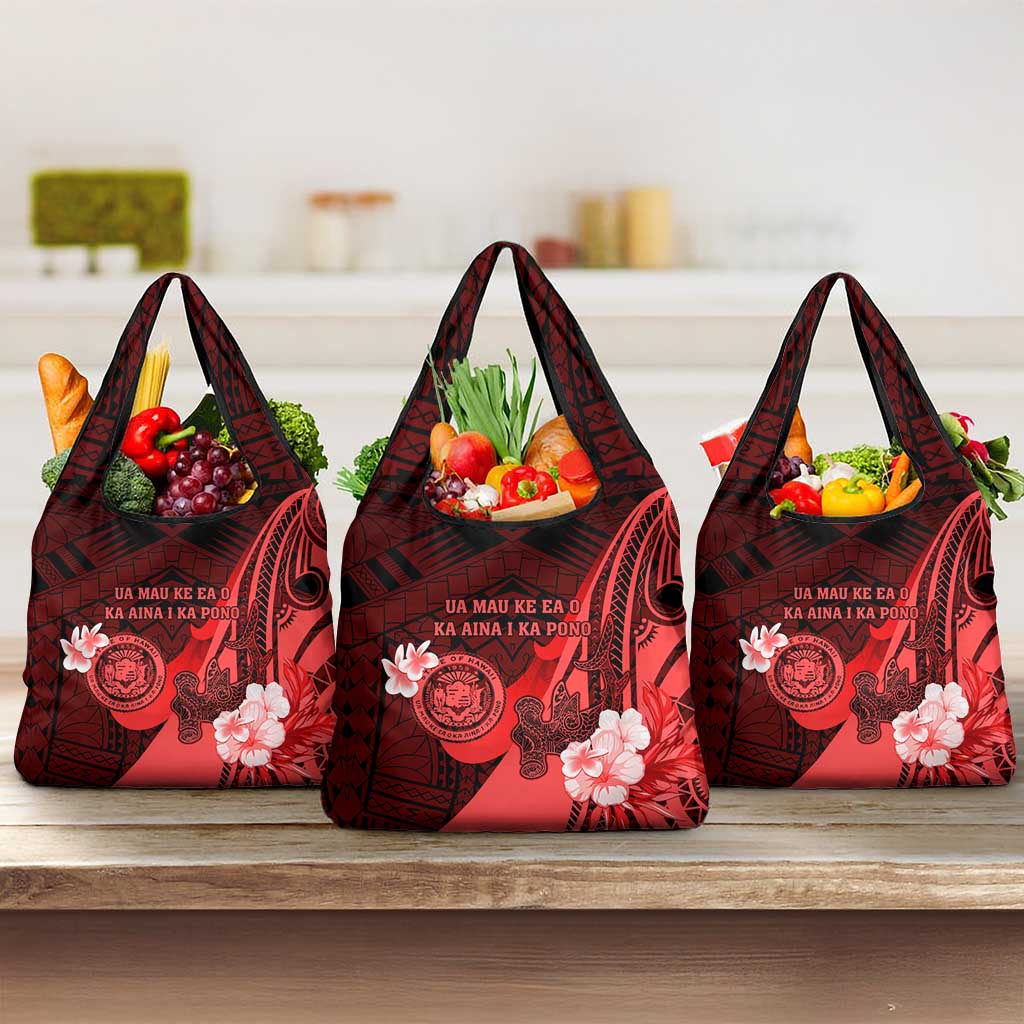 Hawaii State Motto Grocery Bag Hawaiian Tribal Red Hammerhead Shark