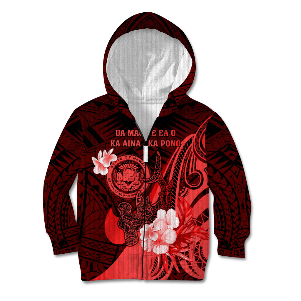 Personalised Hawaii State Motto Kid Hoodie Hawaiian Tribal Red Hammerhead Shark LT05 Zip Hoodie Red - Polynesian Pride