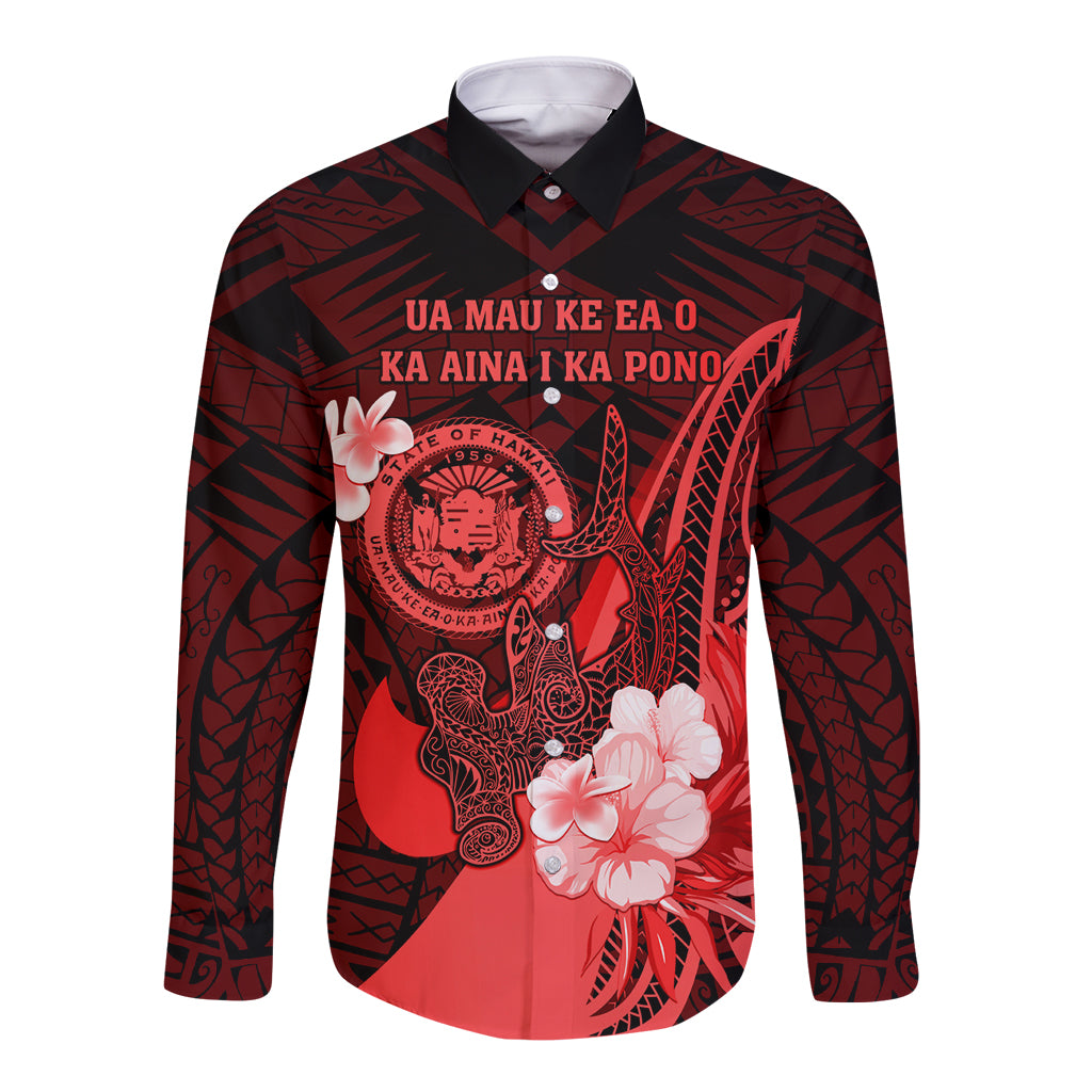 Personalised Hawaii State Motto Long Sleeve Button Shirt Hawaiian Tribal Red Hammerhead Shark LT05 Unisex Red - Polynesian Pride