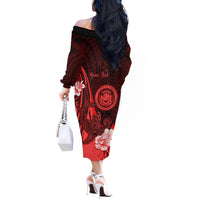 Personalised Hawaii State Motto Off The Shoulder Long Sleeve Dress Hawaiian Tribal Red Hammerhead Shark LT05 - Polynesian Pride