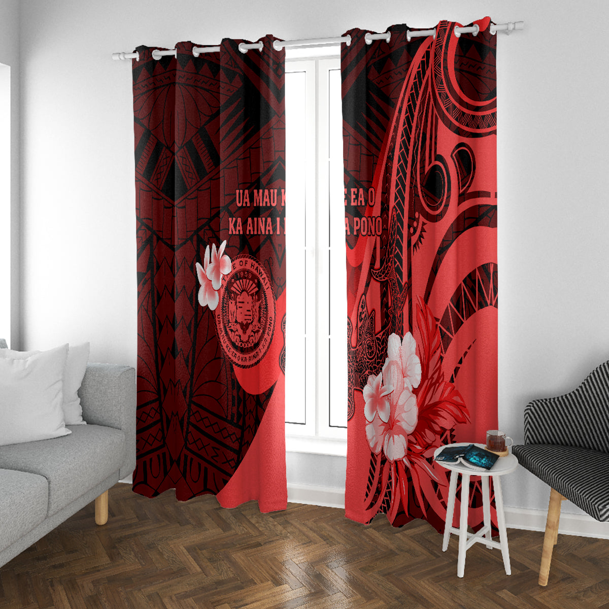 Hawaii State Motto Window Curtain Hawaiian Tribal Red Hammerhead Shark LT05 With Grommets Red - Polynesian Pride