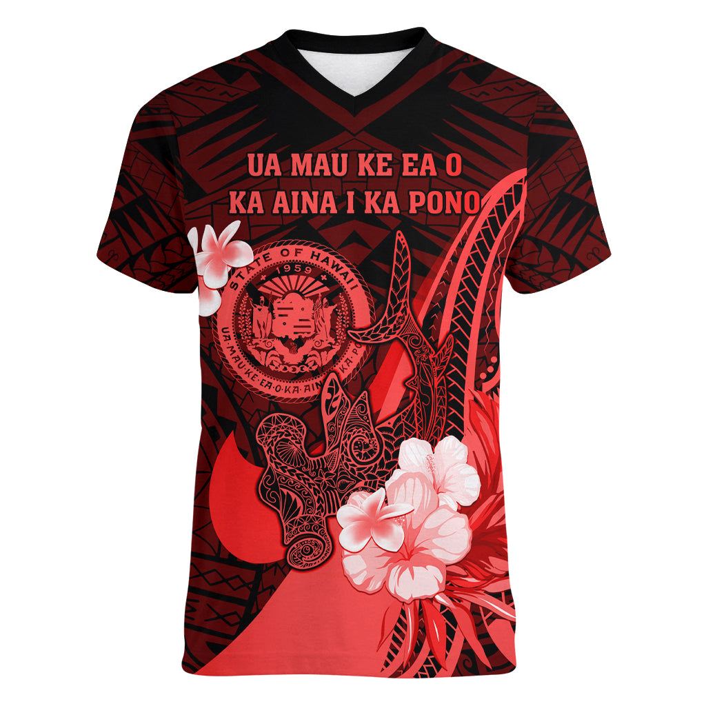 Personalised Hawaii State Motto Women V Neck T Shirt Hawaiian Tribal Red Hammerhead Shark LT05 Female Red - Polynesian Pride