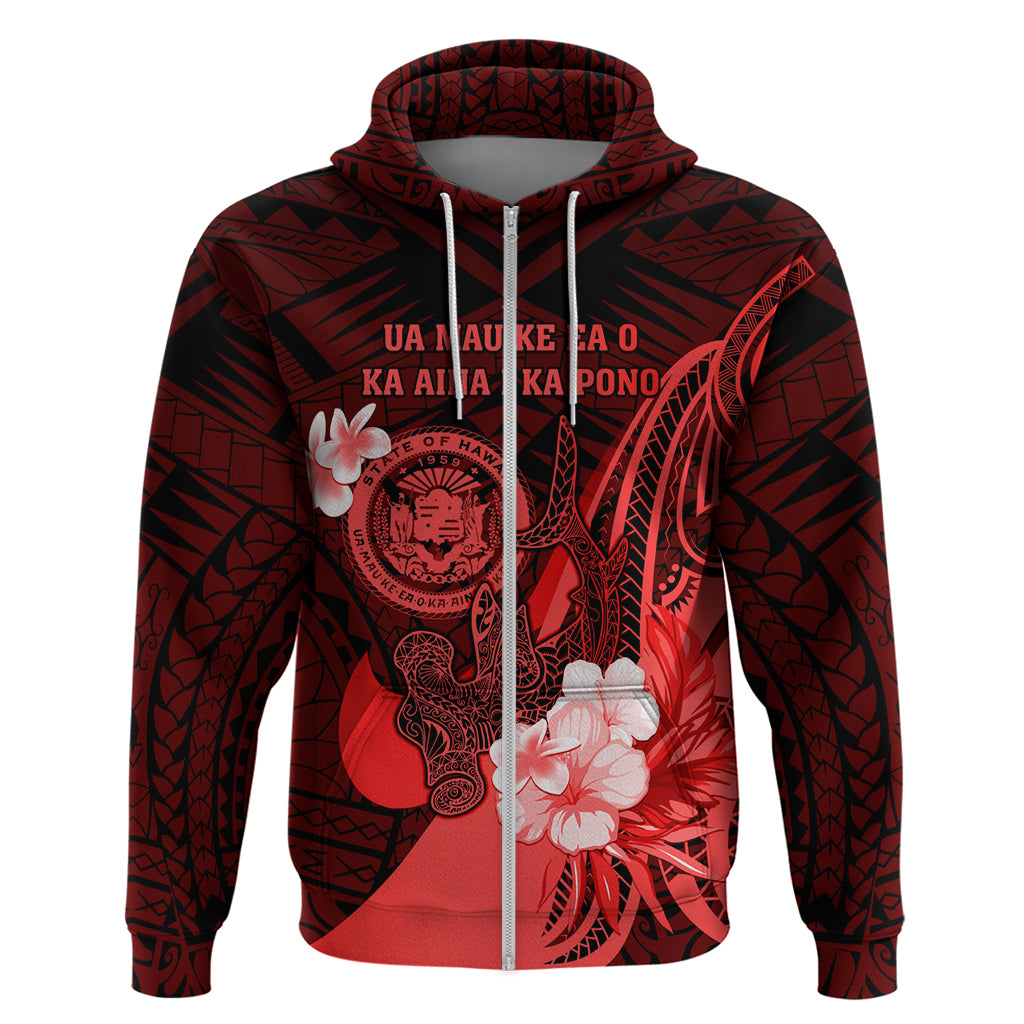 Personalised Hawaii State Motto Zip Hoodie Hawaiian Tribal Red Hammerhead Shark LT05 Zip Hoodie Red - Polynesian Pride