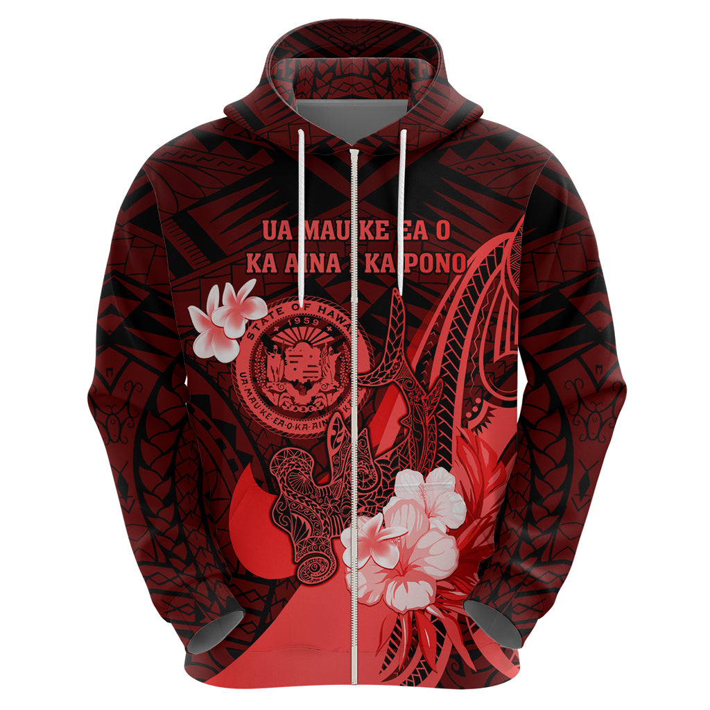 Personalised Hawaii State Motto Zip Hoodie Hawaiian Tribal Red Hammerhead Shark LT05 - Polynesian Pride