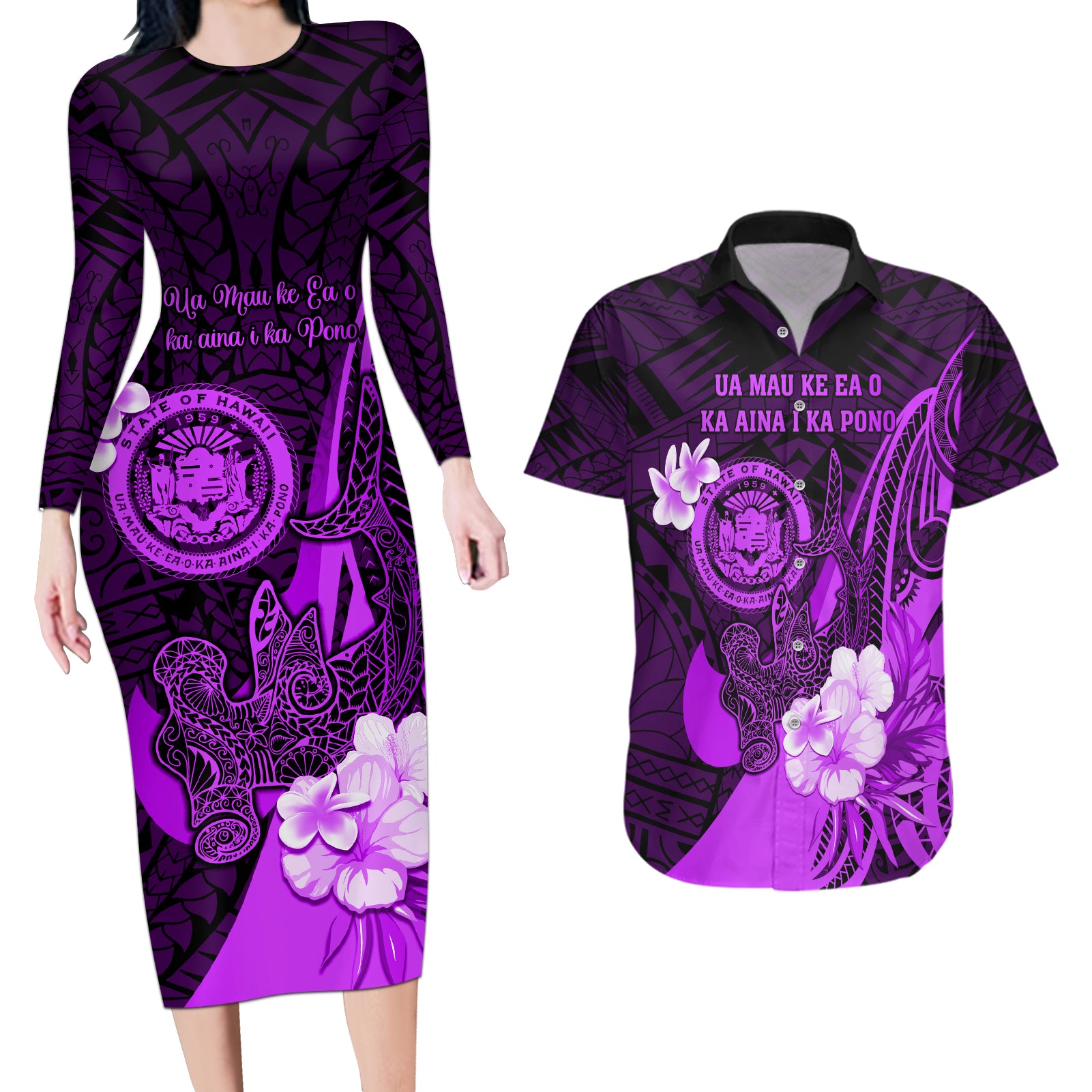 Personalised Hawaii State Motto Couples Matching Long Sleeve Bodycon Dress and Hawaiian Shirt Hawaiian Tribal Purple Hammerhead Shark LT05 Purple - Polynesian Pride