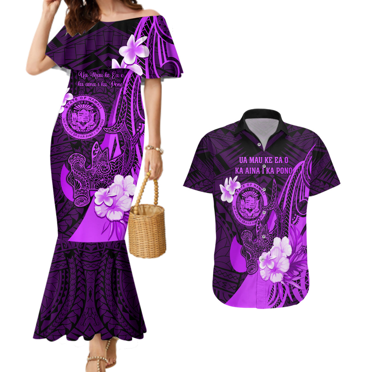 Personalised Hawaii State Motto Couples Matching Mermaid Dress and Hawaiian Shirt Hawaiian Tribal Purple Hammerhead Shark LT05 Purple - Polynesian Pride