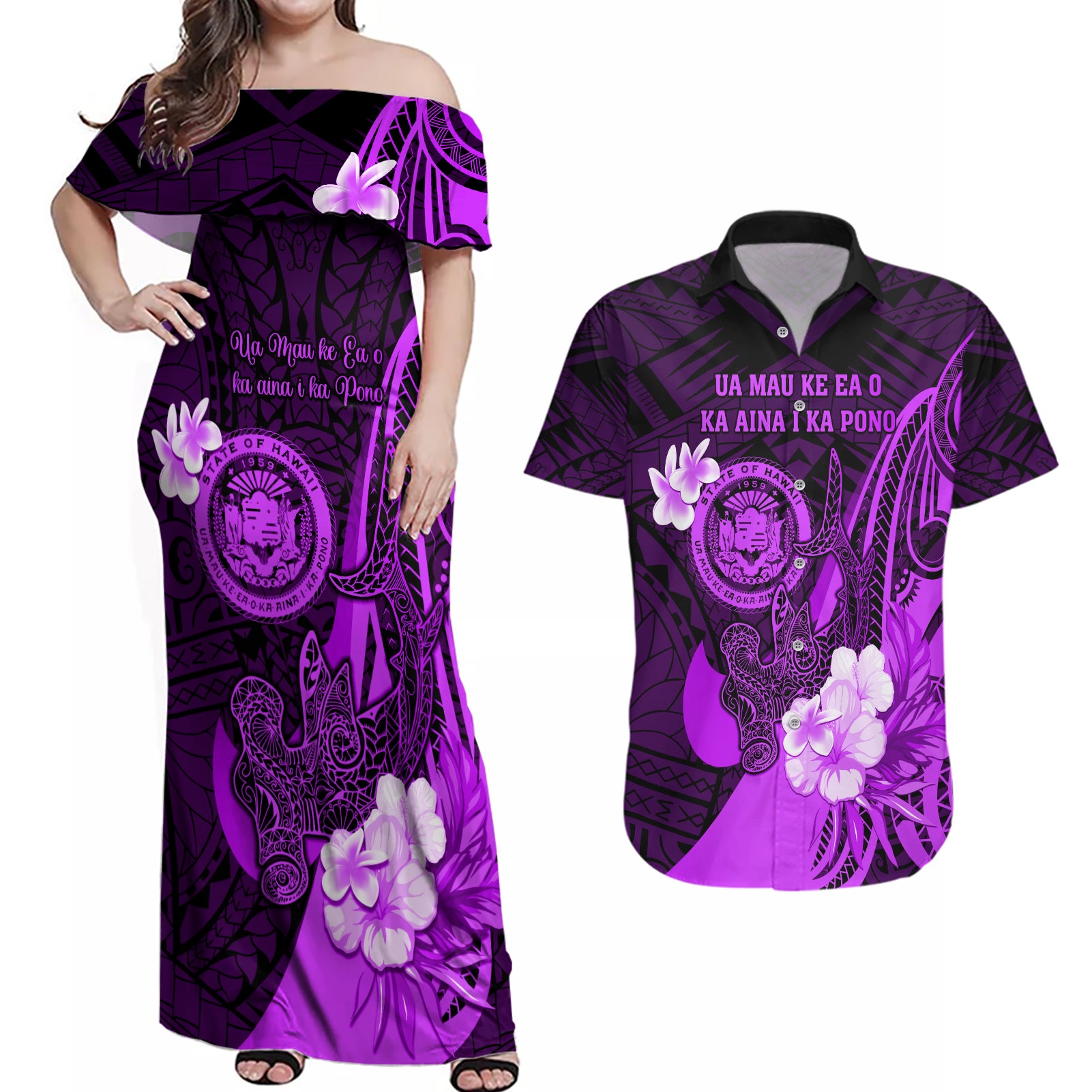 Personalised Hawaii State Motto Couples Matching Off Shoulder Maxi Dress and Hawaiian Shirt Hawaiian Tribal Purple Hammerhead Shark LT05 Purple - Polynesian Pride