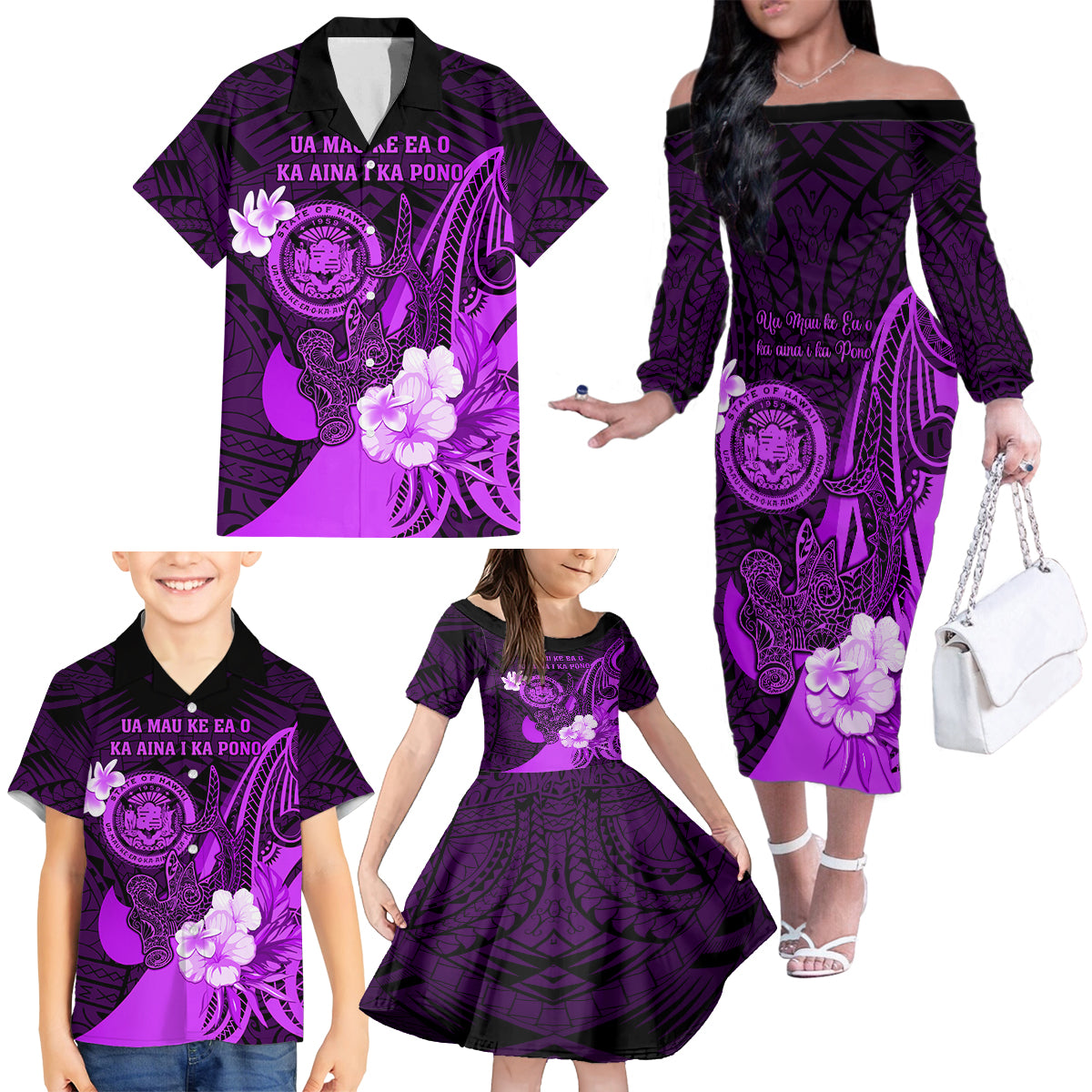 Personalised Hawaii State Motto Family Matching Off Shoulder Long Sleeve Dress and Hawaiian Shirt Hawaiian Tribal Purple Hammerhead Shark LT05 - Polynesian Pride