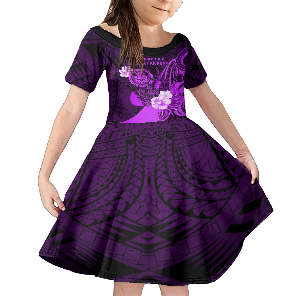 Personalised Hawaii State Motto Family Matching Off Shoulder Maxi Dress and Hawaiian Shirt Hawaiian Tribal Purple Hammerhead Shark LT05 Daughter's Dress Purple - Polynesian Pride