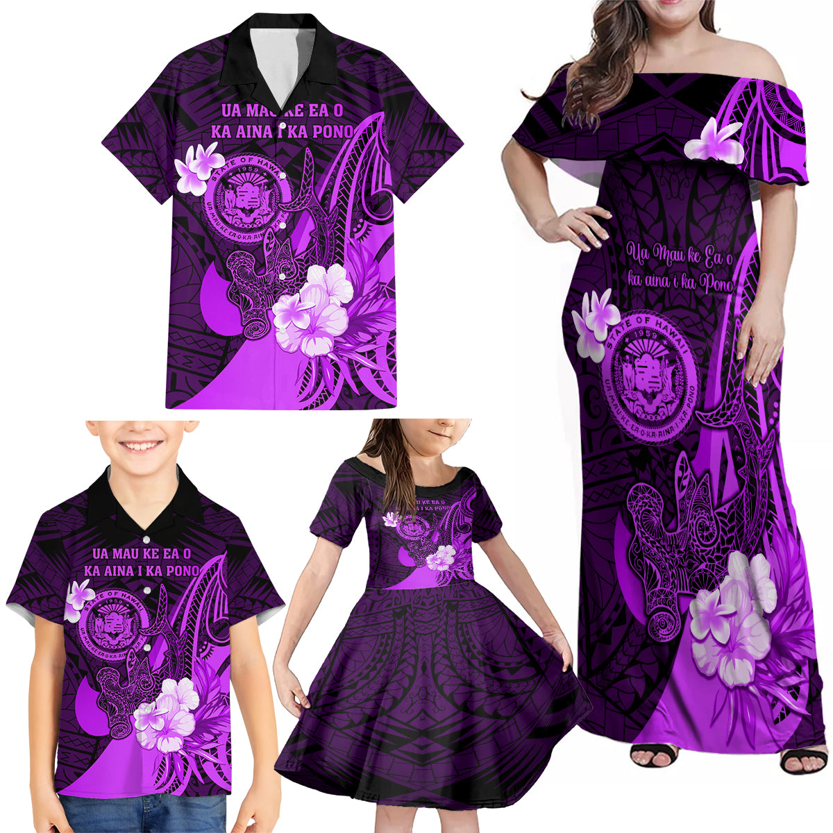 Personalised Hawaii State Motto Family Matching Off Shoulder Maxi Dress and Hawaiian Shirt Hawaiian Tribal Purple Hammerhead Shark LT05 - Polynesian Pride