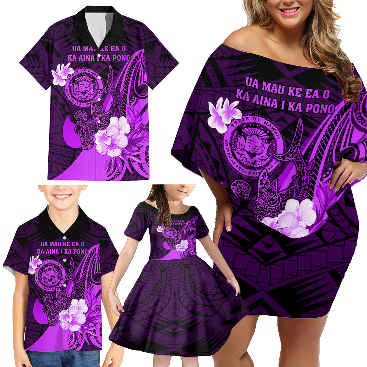 Personalised Hawaii State Motto Family Matching Off Shoulder Short Dress and Hawaiian Shirt Hawaiian Tribal Purple Hammerhead Shark LT05 - Polynesian Pride