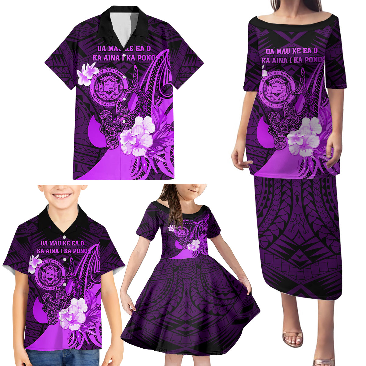 Personalised Hawaii State Motto Family Matching Puletasi and Hawaiian Shirt Hawaiian Tribal Purple Hammerhead Shark LT05 - Polynesian Pride