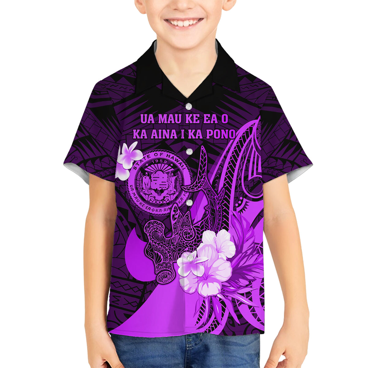 Personalised Hawaii State Motto Family Matching Summer Maxi Dress and Hawaiian Shirt Hawaiian Tribal Purple Hammerhead Shark LT05 Son's Shirt Purple - Polynesian Pride